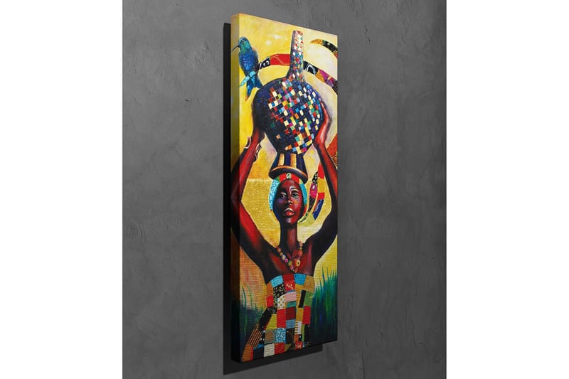 Canvastavla - Stolt kvinna som bär en färgglad kruka på huvudet med en fågel på axeln - Gul / Röd / Blå - Inredning - Tavlor & konst - Canvastavlor