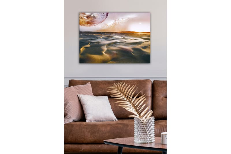 Canvastavla - Storslagen ökenlandskap med en planet i bakgrunden - Guld / Grå / Orange - Inredning - Tavlor & konst - Canvastavlor