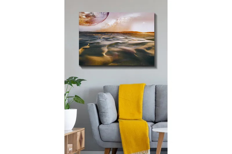 Canvastavla - Storslagen ökenlandskap med en planet i bakgrunden - Guld / Brunt / Orange - Inredning - Tavlor & konst - Canvastavlor