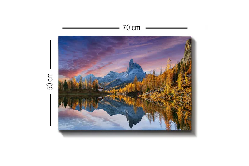 Canvastavla - Storslagen berglandskap med spegelbild i sjö - Guld / Blå / Grå - Inredning - Tavlor & konst - Canvastavlor