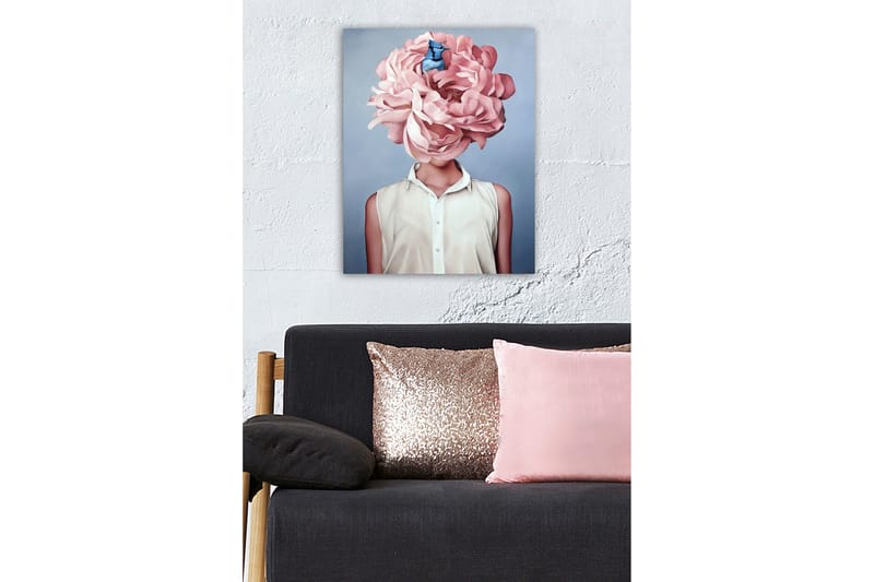 Canvastavla - Storslagen blomma som ersätter huvudet på en kvinna - Ljusrosa / Blå / Vit - Inredning - Tavlor & konst - Canvastavlor