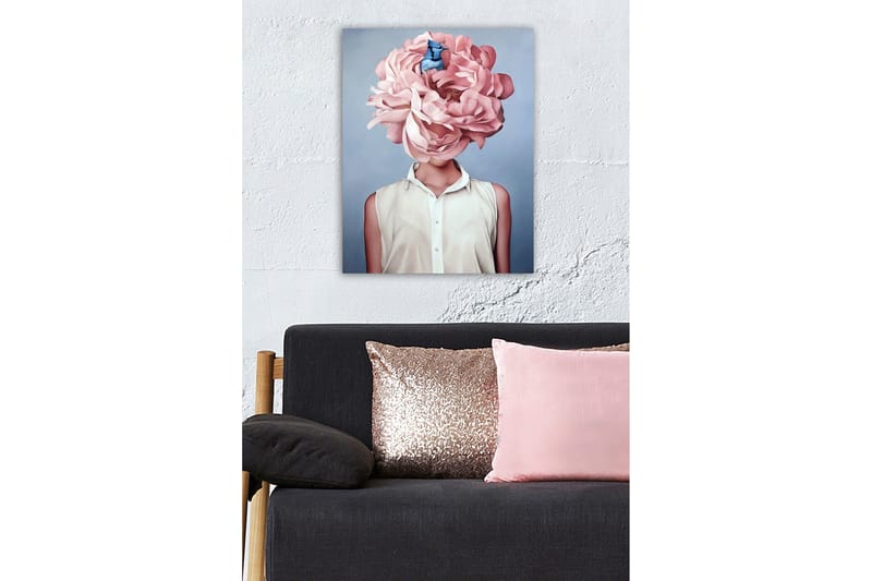 Canvastavla - Storslagen blomma som ersätter huvudet på en kvinna - Ljusrosa / Blå / Vit - Inredning - Tavlor & konst - Canvastavlor