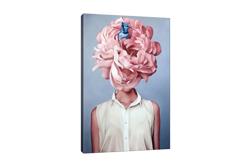 Canvastavla - Storslagen blomma som ersätter huvudet på en kvinna, Ljusrosa / Blå / Vit