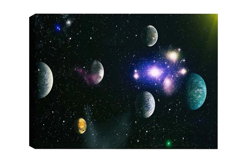 Canvastavla - Storslagen rymdscen med flera planeter och stjärnor, Blå / Grön / Lila
