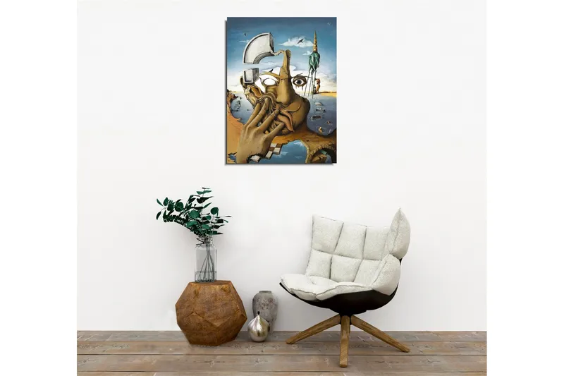 Canvastavla - Surrealistisk komposition med en hand som täcker ansiktet och en ögonblicksbild av en drömvärld - Beige / Blå / Grön - Inredning - Tavlor & konst - Canvastavlor