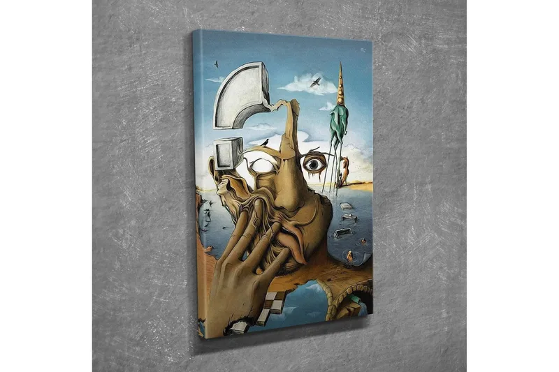 Canvastavla - Surrealistisk komposition med en hand som täcker ansiktet och en ögonblicksbild av en drömvärld - Beige / Blå / Grön - Inredning - Tavlor & konst - Canvastavlor