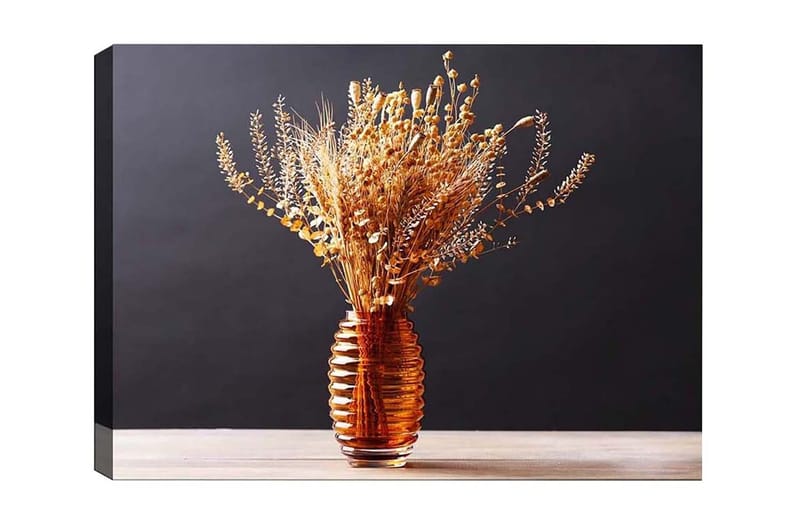 Canvastavla - Torkade blommor i en elegant glasvas, Guld / Brun / Beige