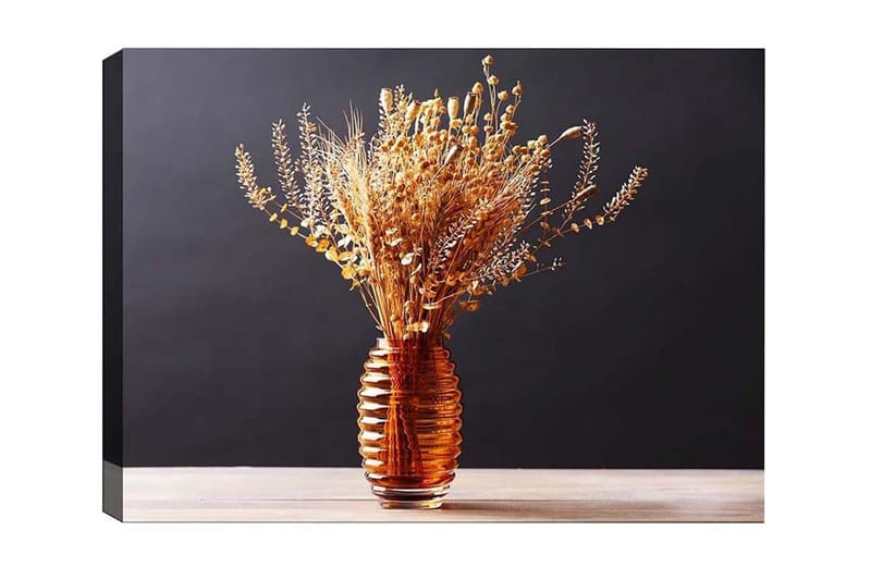 Canvastavla - Torkade blommor i en elegant glasvas, Guld / Brun / Beige