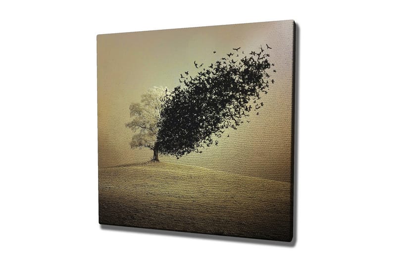 Canvastavla - Träd som förvandlas till en svärm av fåglar, Svart / Grå / Beige