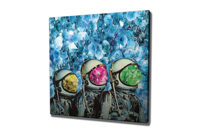 Canvastavla - Tre astronauter med färgglada hjälmar i en kristallin bakgrund, Blå / Grön / Rosa