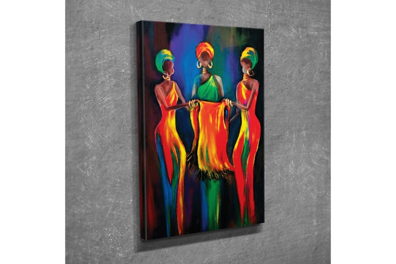 Canvastavla - Tre kvinnor i färgglada klänningar som håller ett tygstycke tillsammans - Röd / Gul / Grön - Inredning - Tavlor & konst - Canvastavlor