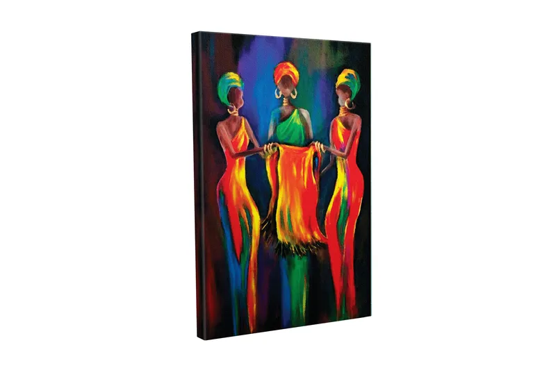 Canvastavla - Tre kvinnor i färgglada klänningar som håller ett tygstycke tillsammans, Röd / Gul / Grön