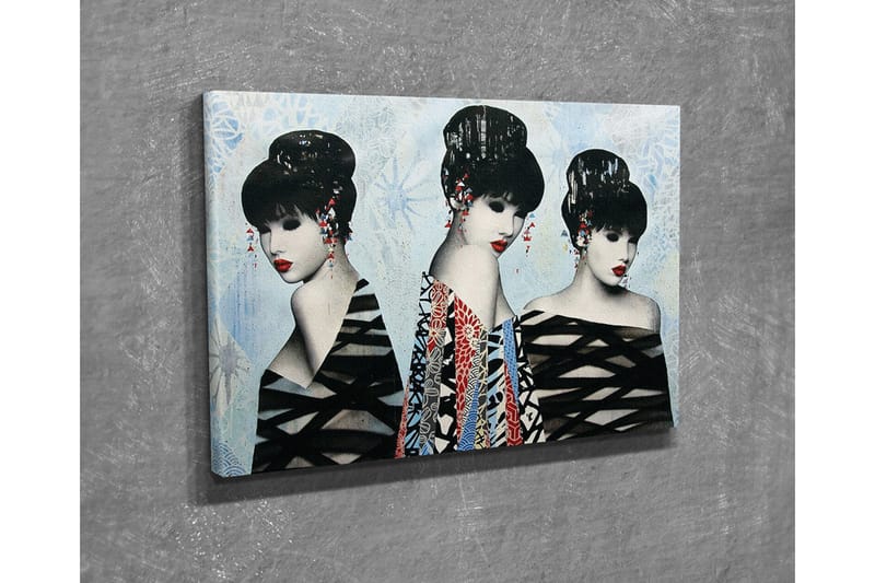 Canvastavla - Tre stiliserade kvinnor med eleganta frisyrer och färgglada kläder - Svart / Röd / Blå - Inredning - Tavlor & konst - Canvastavlor