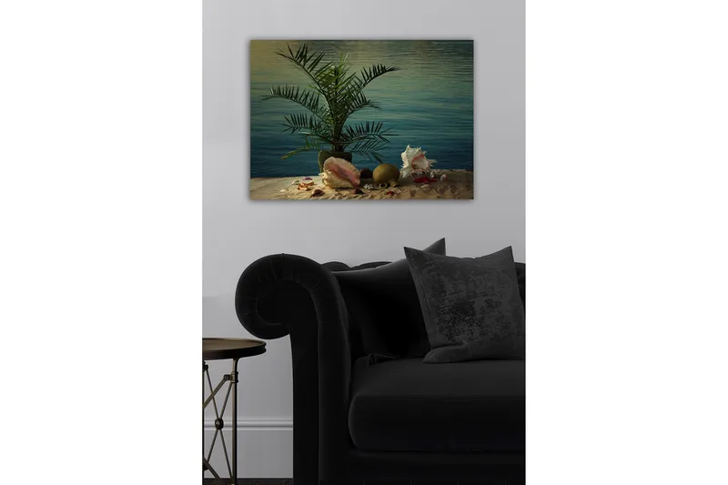 Canvastavla - Tropisk stillhet med palm och snäckor vid vattnet - Grön / Beige / Rosa - Inredning - Tavlor & konst - Canvastavlor