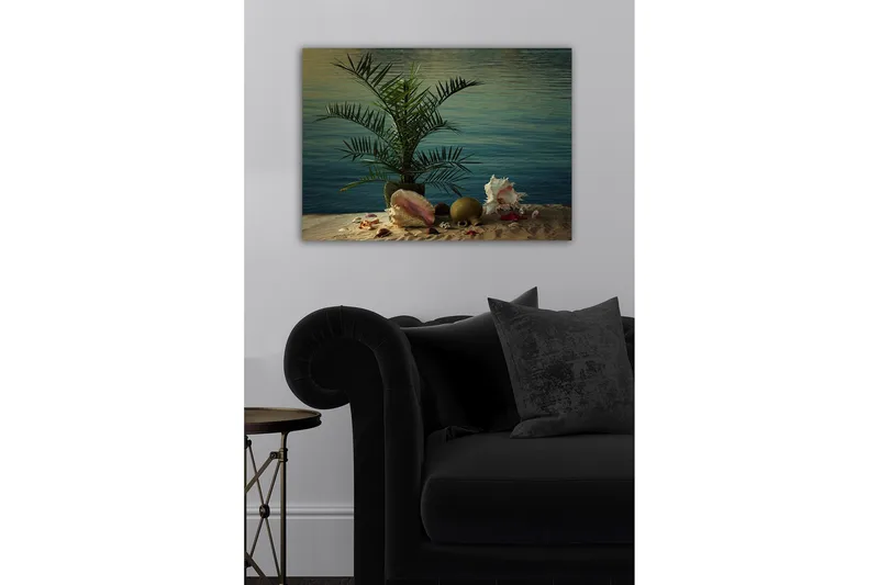 Canvastavla - Tropisk stillhet med palm och snäckor vid vattnet - Grön / Beige / Rosa - Inredning - Tavlor & konst - Canvastavlor