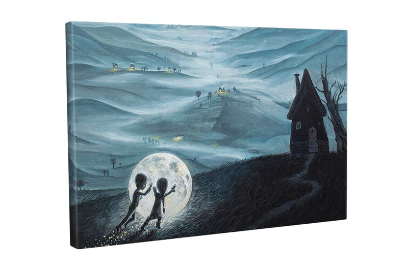 Canvastavla - Två barn som leker med en stor måne i en drömlik landskapsscen, Mörkblå / Ljusgrå / Svart