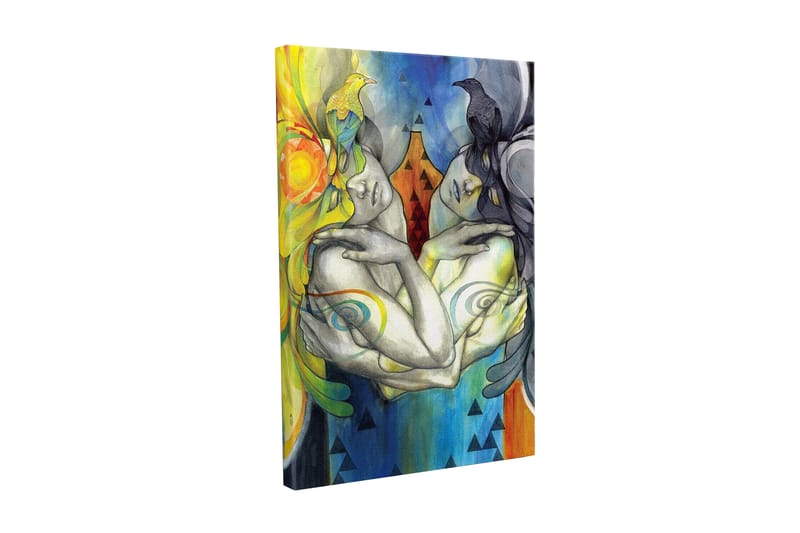 Canvastavla - Två sammanflätade figurer med fåglar på huvudet och färgglada mönster - Gul / Blå / Svart - Inredning - Tavlor & konst - Canvastavlor