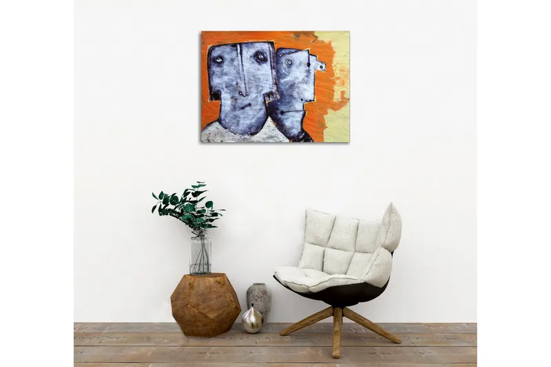 Canvastavla - Två stiliserade ansikten med uttryckslösa drag - Grå / Orange / Beige - Inredning - Tavlor & konst - Canvastavlor