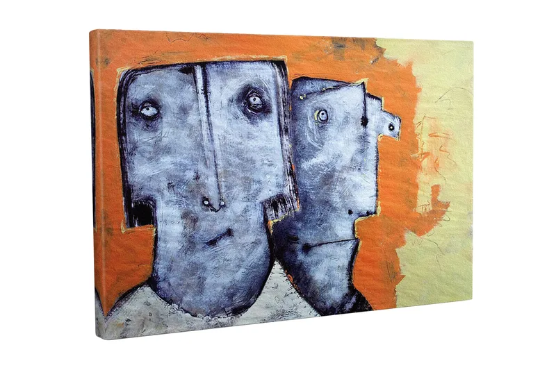 Canvastavla - Två stiliserade ansikten med uttryckslösa drag, Grå / Orange / Beige