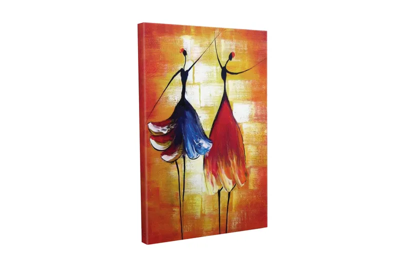 Canvastavla - Två stiliserade kvinnor i färgglada klänningar som dansar, Röd / Blå / Orange