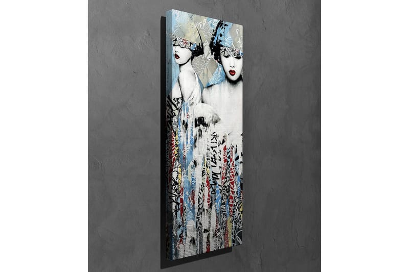 Canvastavla - Två stiliserade kvinnor med ansiktena delvis dolda av huvudbonader och starka röda läppar - Blå / Svart / Röd - Inredning - Tavlor & konst - Canvastavlor