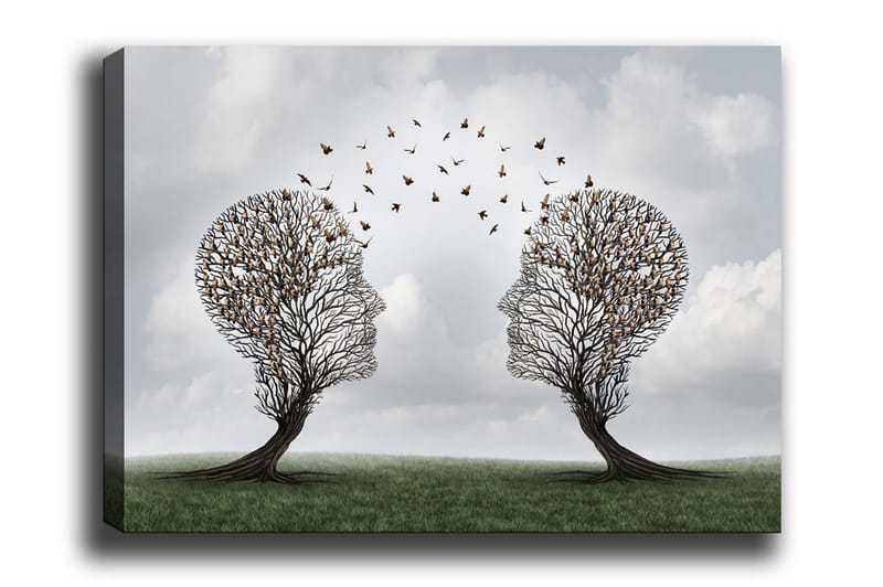 Canvastavla - Två träd formade som ansikten med fjärilar som svävar mellan dem, Brun / Grön / Grå