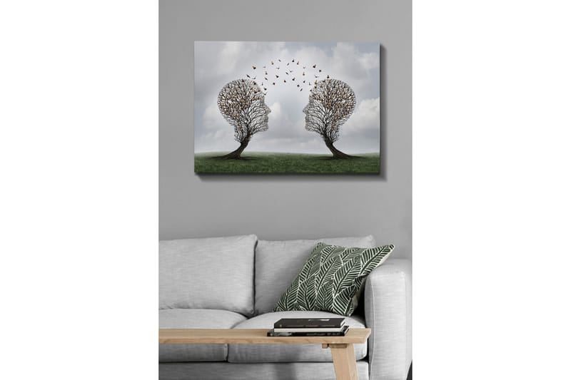 Canvastavla - Två träd formade som ansikten med fjärilar som svävar mellan dem - Brun / Grön / Grå - Inredning - Tavlor & konst - Canvastavlor