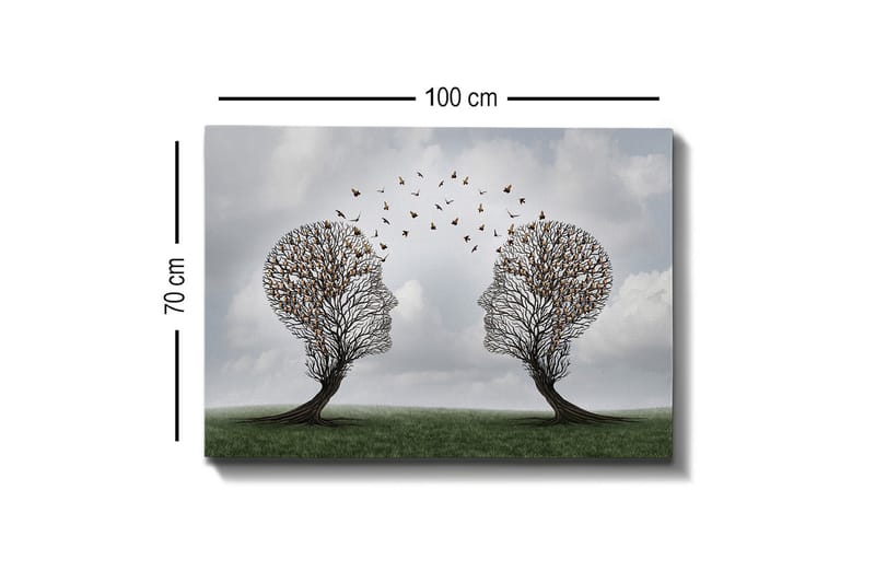 Canvastavla - Två träd formade som ansikten med fjärilar som svävar mellan dem - Brun / Grön / Grå - Inredning - Tavlor & konst - Canvastavlor