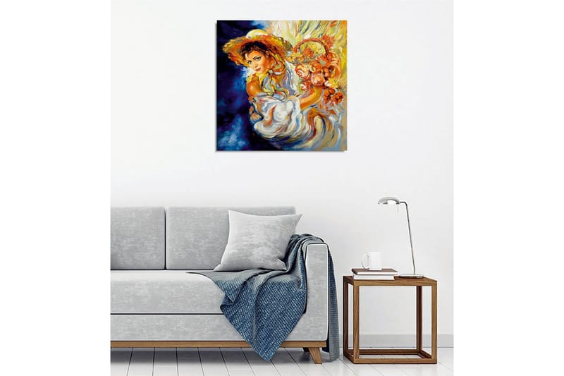 Canvastavla - Ung kvinna med blommor i en korg och en stor hatt - Orange / Blå / Vit - Inredning - Tavlor & konst - Canvastavlor