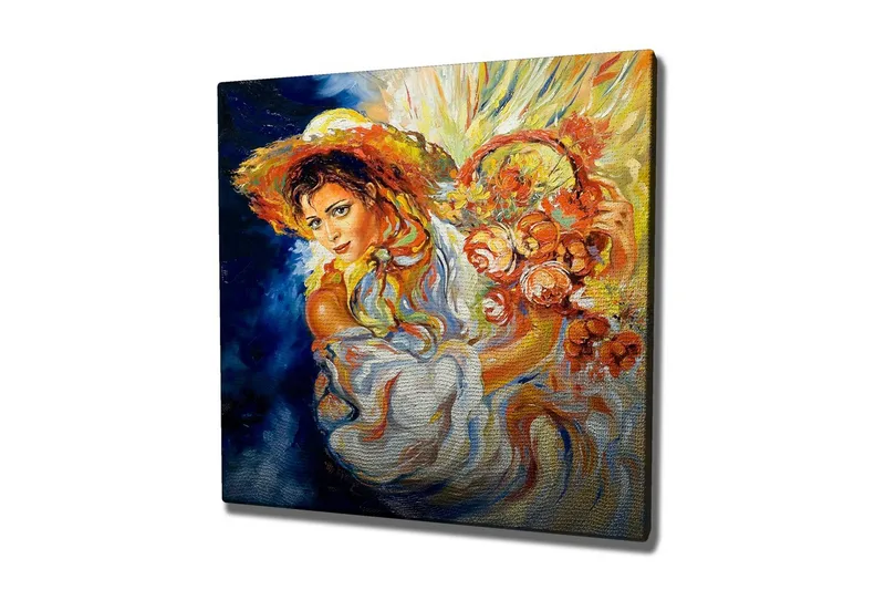 Canvastavla - Ung kvinna med blommor i en korg och en stor hatt, Orange / Blå / Vit