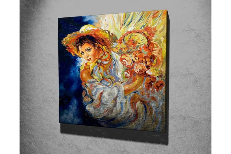 Canvastavla - Ung kvinna med blommor i en korg och en stor hatt - Orange / Blå / Vit - Inredning - Tavlor & konst - Canvastavlor