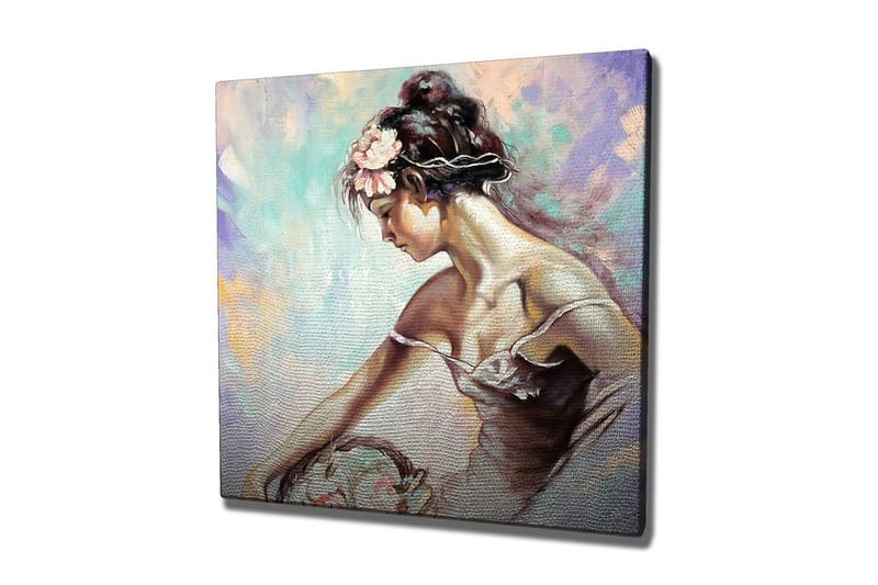 Canvastavla - Ung kvinna med blommor i håret som lutar sig över en korg - Ljusblå / Beige / Rosa - Inredning - Tavlor & konst - Canvastavlor