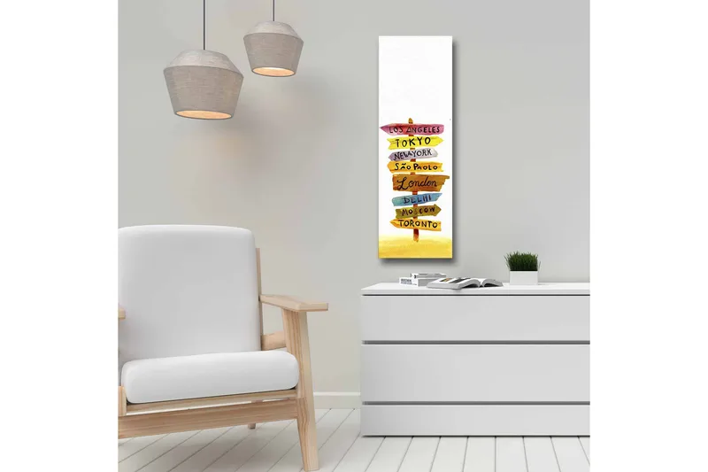 Canvastavla - Vägskyltar med internationella städer - Gul / Rosa / Blå - Inredning - Tavlor & konst - Canvastavlor