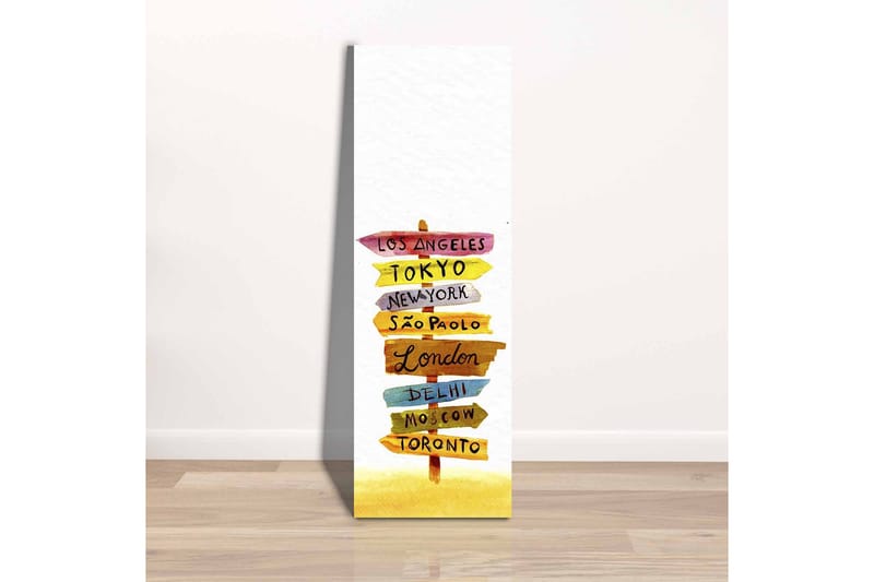 Canvastavla - Vägskyltar med internationella städer - Gul / Rosa / Blå - Inredning - Tavlor & konst - Canvastavlor