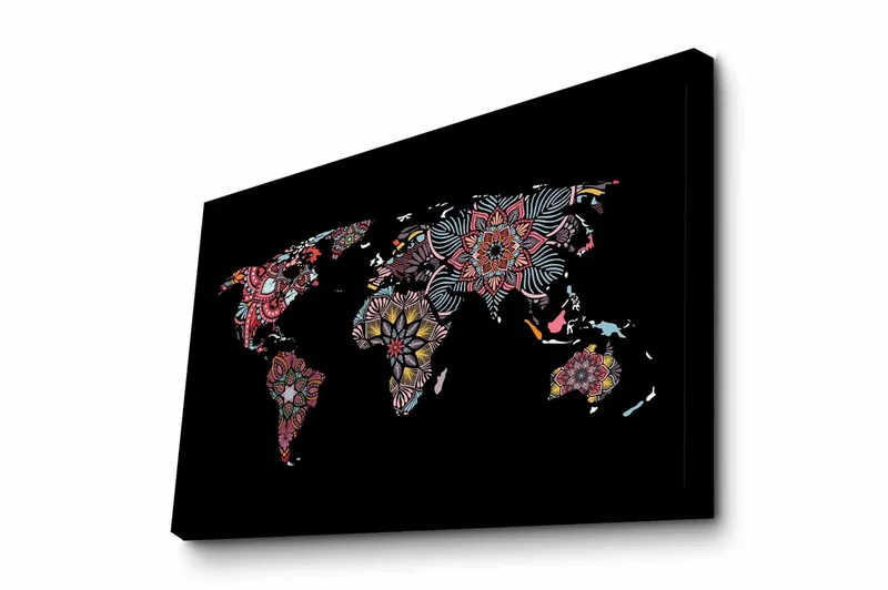 Canvastavla - Världskarta med färgglada blommönster, Röd / Grön / Gul