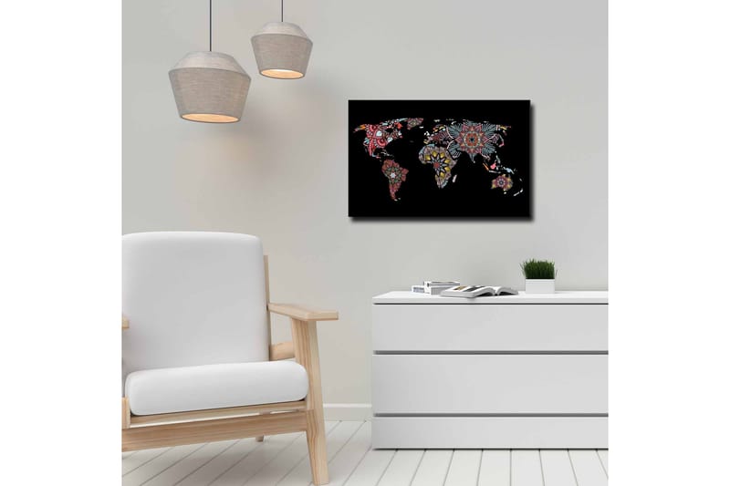 Canvastavla - Världskarta med färgglada blommönster - Röd / Grön / Gul - Inredning - Tavlor & konst - Canvastavlor