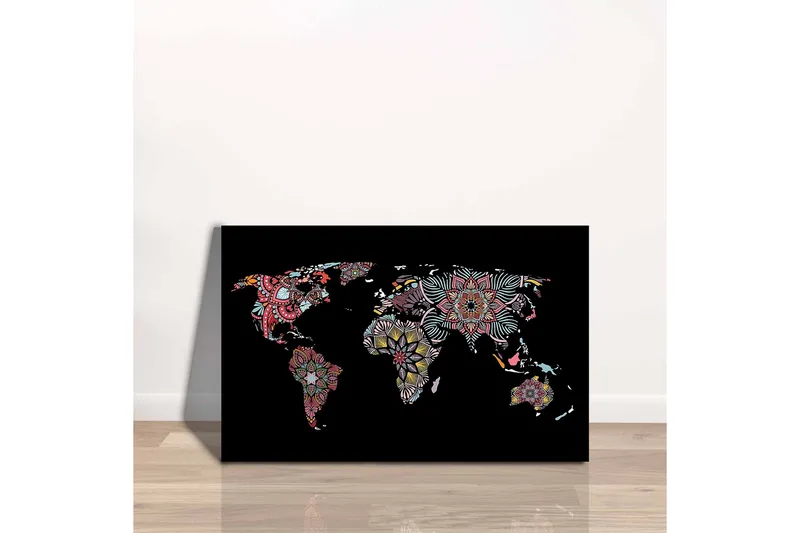 Canvastavla - Världskarta med färgglada blommönster - Röd / Grön / Gul - Inredning - Tavlor & konst - Canvastavlor