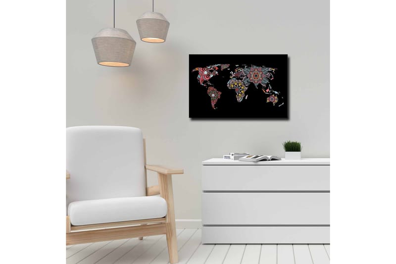 Canvastavla - Världskarta med färgglada blommönster - Röd / Grön / Gul - Inredning - Tavlor & konst - Canvastavlor