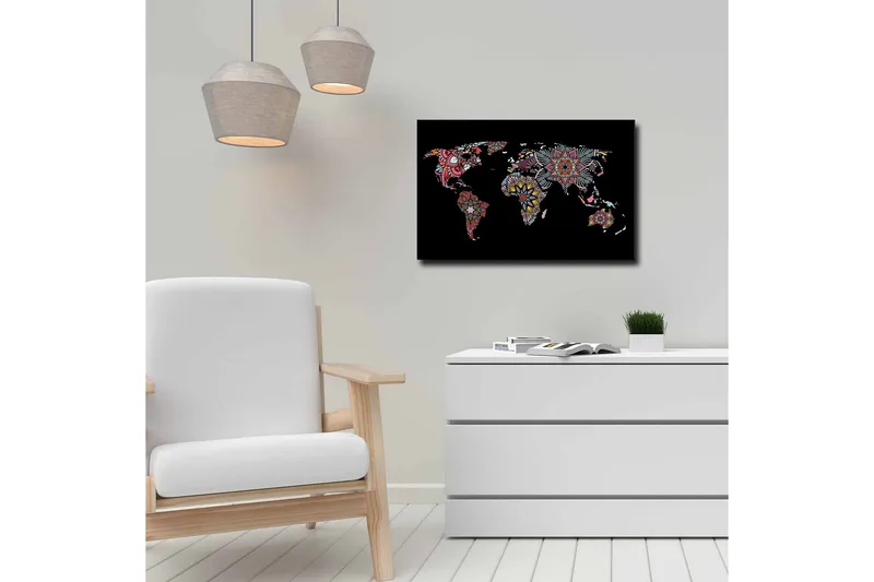 Canvastavla - Världskarta med färgglada blommönster - Röd / Grön / Gul - Inredning - Tavlor & konst - Canvastavlor