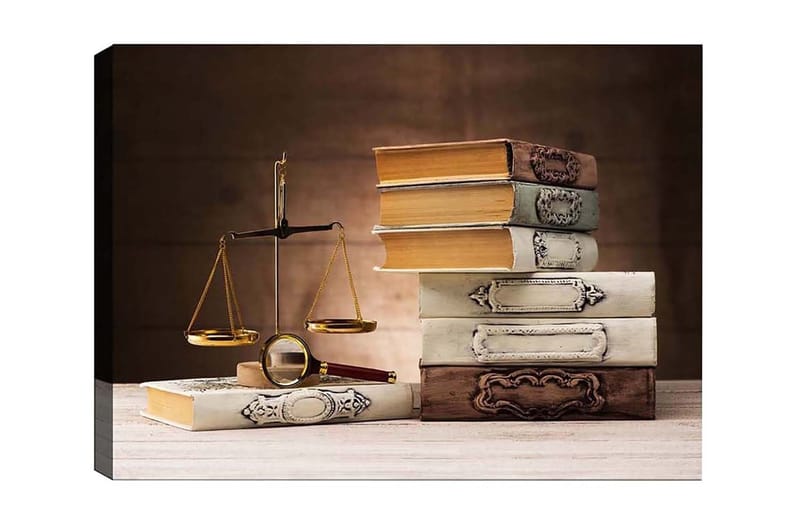 Canvastavla - Vågskål med böcker i olika färger och former, Guld / Brun / Vit