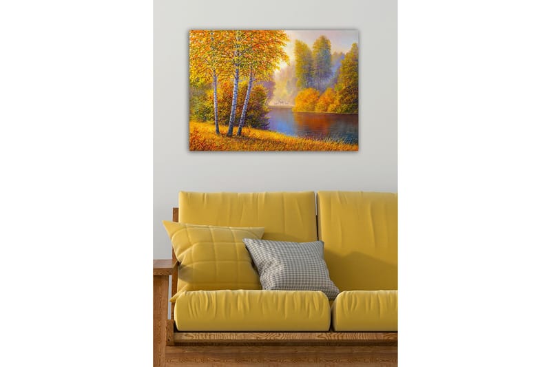 Canvastavla - Vacker höstlandskap med björkar vid en stilla sjö - Guldorange / Grön / Blå - Inredning - Tavlor & konst - Canvastavlor