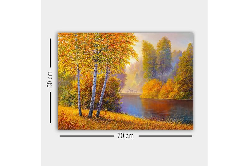 Canvastavla - Vacker höstlandskap med björkar vid en stilla sjö - Guldorange / Grön / Blå - Inredning - Tavlor & konst - Canvastavlor