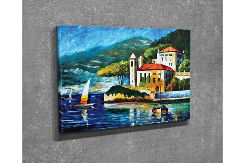 Canvastavla - Vacker kustlandskap med segelbåtar och en pittoresk byggnad vid vattnet - Blå / Grön / Röd - Inredning - Tavlor & konst - Canvastavlor
