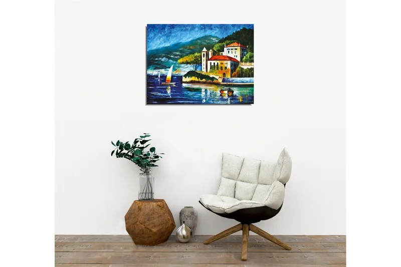 Canvastavla - Vacker kustlandskap med segelbåtar och en pittoresk byggnad vid vattnet - Blå / Grön / Röd - Inredning - Tavlor & konst - Canvastavlor