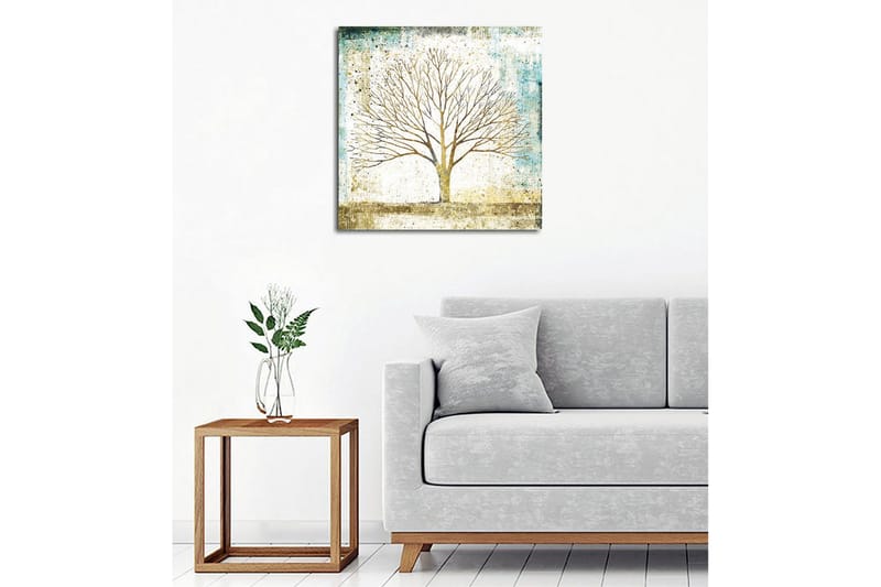 Canvastavla - Vacker silhuett av ett träd mot en mjukt färgad bakgrund - Guld / Turkos / Vit - Inredning - Tavlor & konst - Canvastavlor