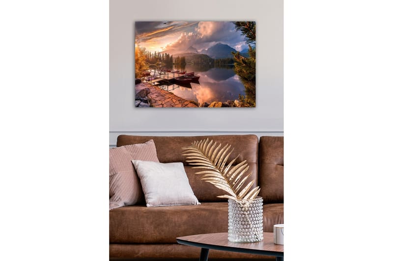 Canvastavla - Vacker sjölandskap med roddbåtar vid solnedgången - Orange / Grön / Blå - Inredning - Tavlor & konst - Canvastavlor