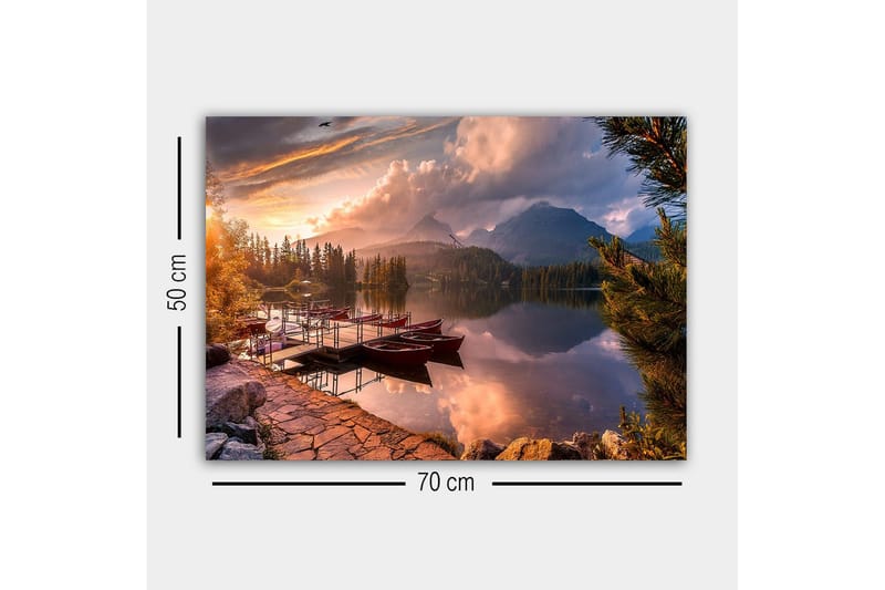 Canvastavla - Vacker sjölandskap med roddbåtar vid solnedgången - Orange / Grön / Blå - Inredning - Tavlor & konst - Canvastavlor