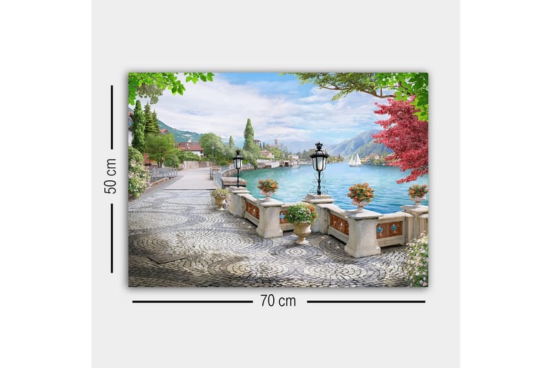 Canvastavla - Vacker sjöutsikt med en promenadgata och blommor i krukor - Grön / Blå / Rosa - Inredning - Tavlor & konst - Canvastavlor