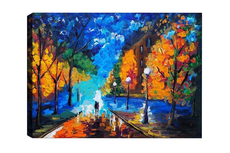 Canvastavla - Vacker stadspark med färgglada höstträd och en promenadstig i skymning, Blå / Orange / Grön
