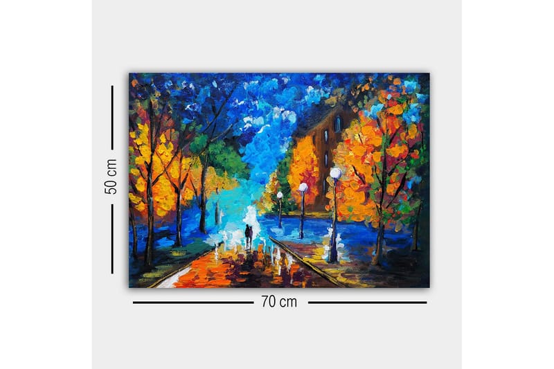 Canvastavla - Vacker stadspark med färgglada höstträd och en promenadstig i skymning - Blå / Orange / Grön - Inredning - Tavlor & konst - Canvastavlor